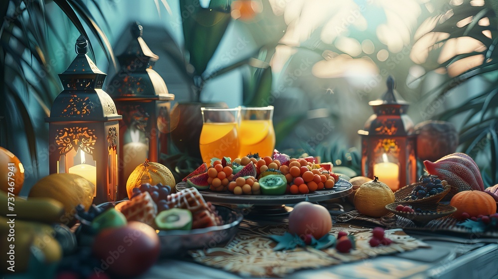 Still life with fruits and vegetables. Dinning table full of fruits and juice with a traditional arab lantern.