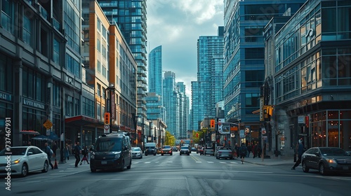 A bustling cityscape with diverse architecture, capturing the dynamic energy of urban life amidst a backdrop of skyscrapers and busy streets.