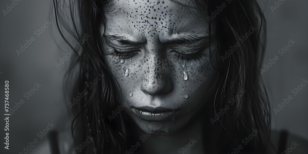 A young girl, overwhelmed with distress, tearfully expresses her emotions with frustration. Concept Emotional Outbursts, Distressed Tears, Frustration Expression, Overwhelmed Emotions