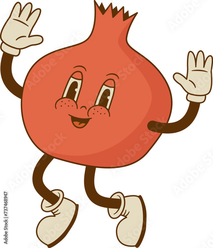 Vintage jumping pomegranate mascot isolated on white background. Retro cartoon garnet character vector illustration. Organic vegan food