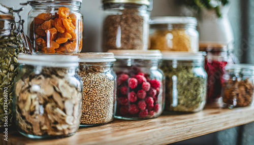 Glass jars filled with assorted organic freeze-dried foods on a wooden shelf