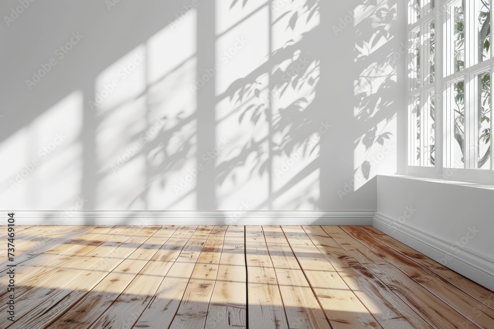 Sunlight shining through a window and creating shadows of tree branches on a white wall and wooden floor Sunlight shining through a window and creating shadows of tree branches on a white wall and wooden floor