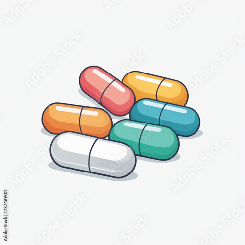 Colorful assortment of pills and capsules on an isolated white background, health concept vector illustration