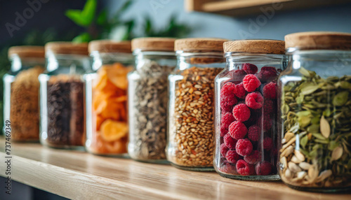 Glass jars filled with assorted organic freeze-dried foods on a wooden shelf