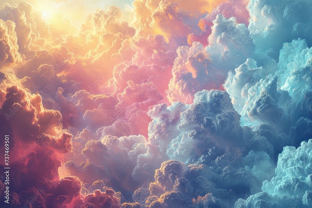 Colorful cloudscape with a bright shining sun and rays of light - obrazy, fototapety, plakaty 