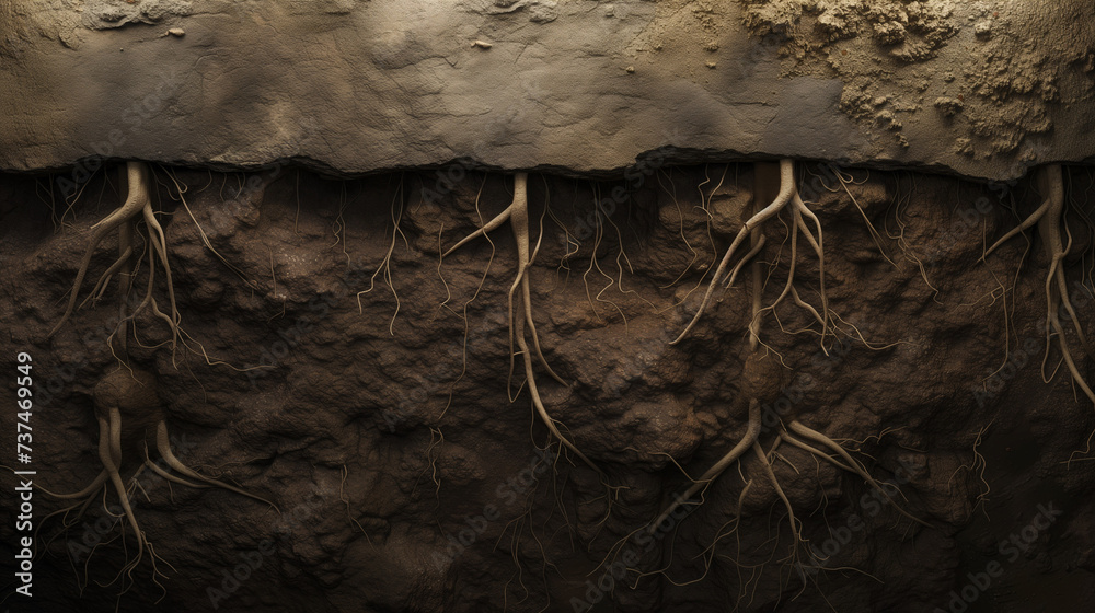 Tunnel wall of dirt and tangled roots, underground cross section background - obrazy, fototapety, plakaty 