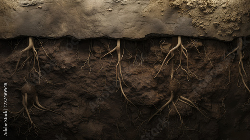 Tunnel wall of dirt and tangled roots, underground cross section background photo