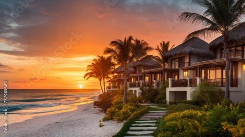 Beachfront luxury resort with thatched roof villas at sunset
