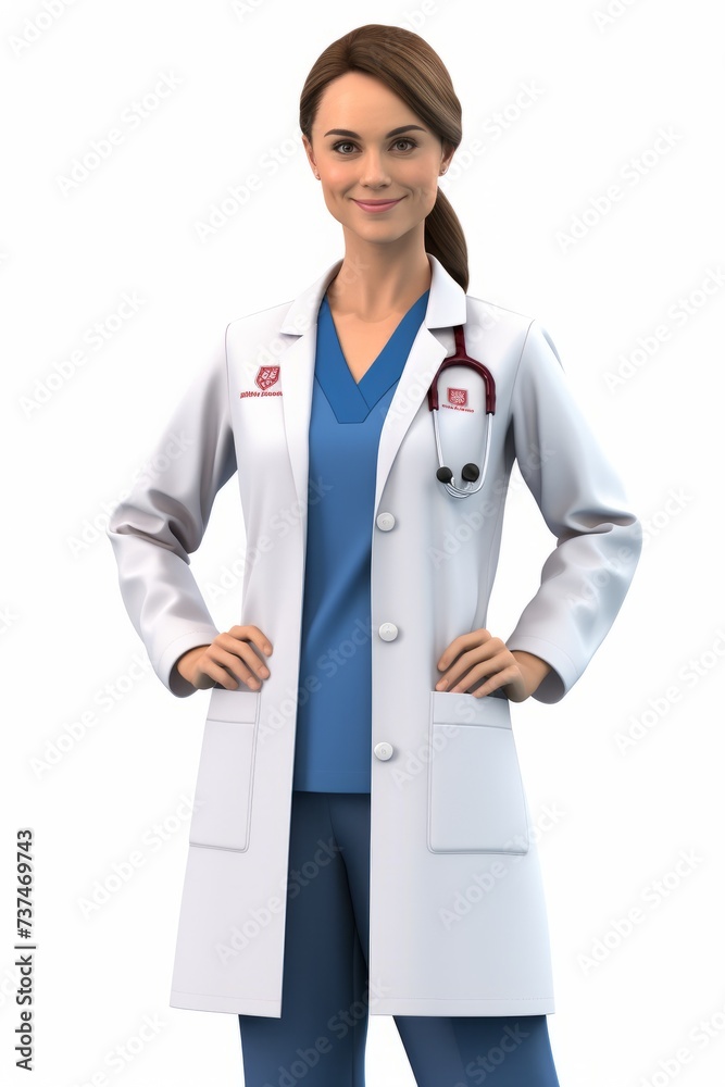 A female doctor in a white coat with her hands on her hips A female doctor in a white coat with her hands on her hips