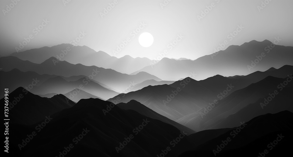 Fototapeta premium Monochrome Mountain Silhouettes at Sunrise. Layers of Hills and Sunlight Gradients