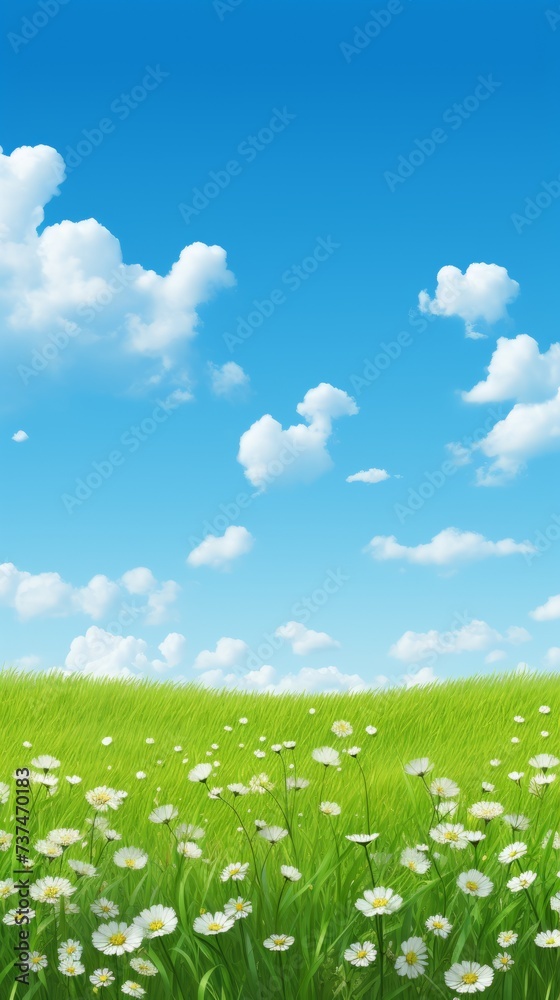 Green field with white flowers under blue sky and white clouds Green field with white flowers under blue sky and white clouds