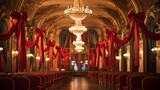 Red and gold ballroom with crystal chandeliers and red velvet curtains
