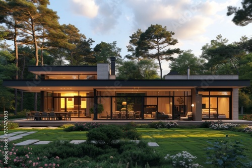 Modern house exterior design with large glass windows and a beautiful landscape
