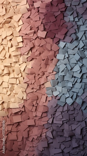 3D rendering of a wall made of small tiles in various shades of pink, purple, and blue