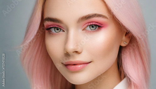 Serious Caucasian model with pastel pink hair and makeup, epitomizing modern beauty and femininity