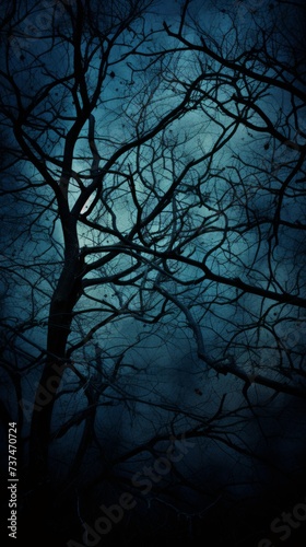 Blue Tree Branches Against Dark Night Sky