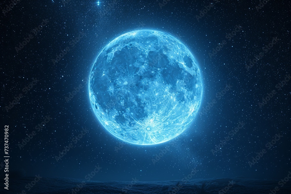 Obraz premium Blue moon rising over dark landscape with stars in the night sky