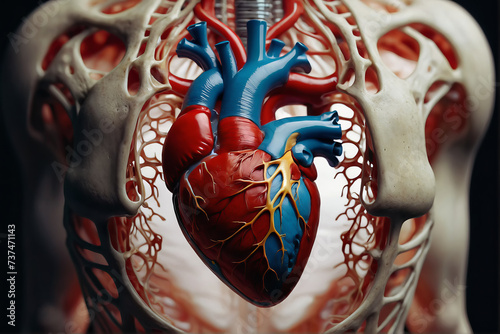 3d renderied illustration of human anatomy, thoracic region and heart on dark background