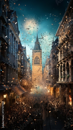 A crowd of people celebrating New Year's Eve in a European city street with fireworks exploding overhead