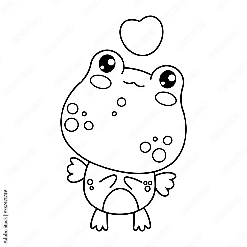 Cute in love frog with heart. Funny outline animal kawaii character. Vector illustration. Line drawing, coloring book. Kids collection.