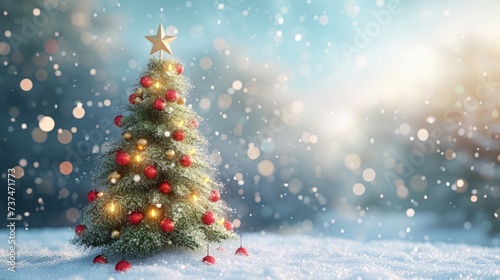 Christmas tree in the snow with a gold star on top © Adobe Contributor