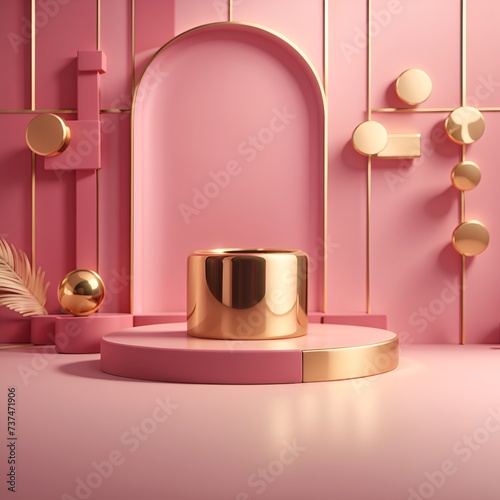 pink  gold and white cylinder pedestal podium display  Empty room background. Abstract modern vector rendering 3d shape for products display presentation. Pastel minimal wall scene  Studio room.