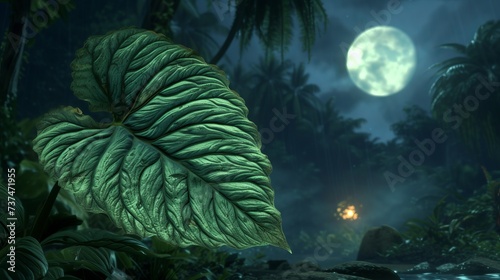 A large green leaf in the foreground with a jungle and bright moon in the background