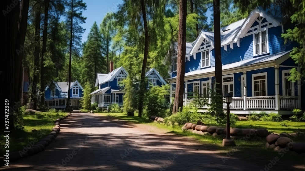 Blue wooden houses in a green forest Blue wooden houses in a green forest