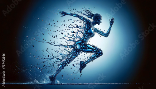 A dynamic figure made of water leaps gracefully, its form captured in a splash, symbolizing movement, fluidity, and the human body's artistry.AI generated.
