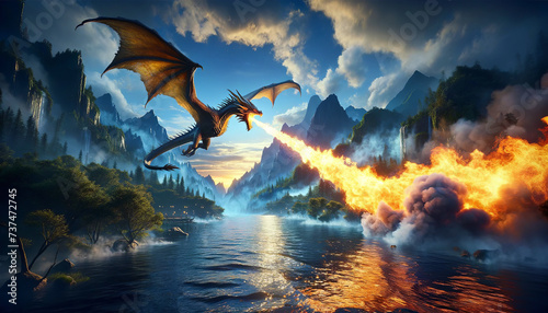 A majestic dragon exhales fire over a mystical landscape with towering mountains, waterfalls, and a serene river at sunset, creating a dramatic fantasy scene.Animal behavior concept. AI generated.