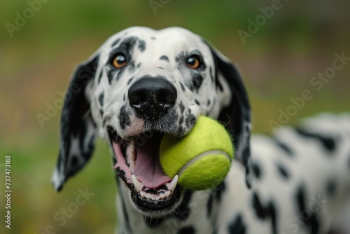 Happy Dalmatian Enjoying Playtime - A cheerful Dalmatian dog is depicted with a tennis ball in its mouth, set within a vibrant park setting. The image is a celebration of the simple pleasures of pet o