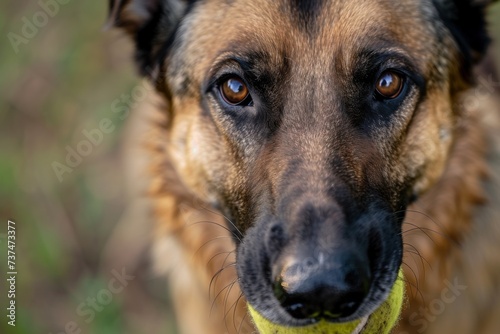 Shepherd Gaze Ball Game - German Shepherd's intense gaze with a tennis ball, symbolizing focus and companionship