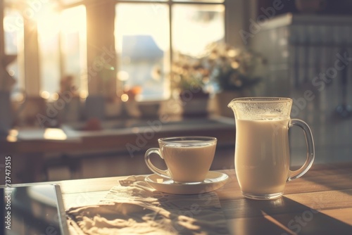 Cozy Morning Coffee Aesthetic - A warm, inviting scene with a steaming cup of coffee and a pitcher of milk bathed in sunlight. Perfect for starting the day with a soothing beverage. photo