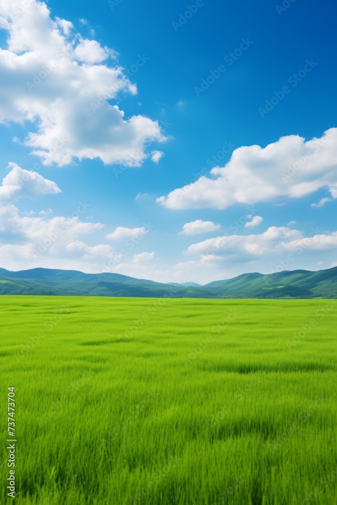 Vast green grassy field under blue sky and white clouds