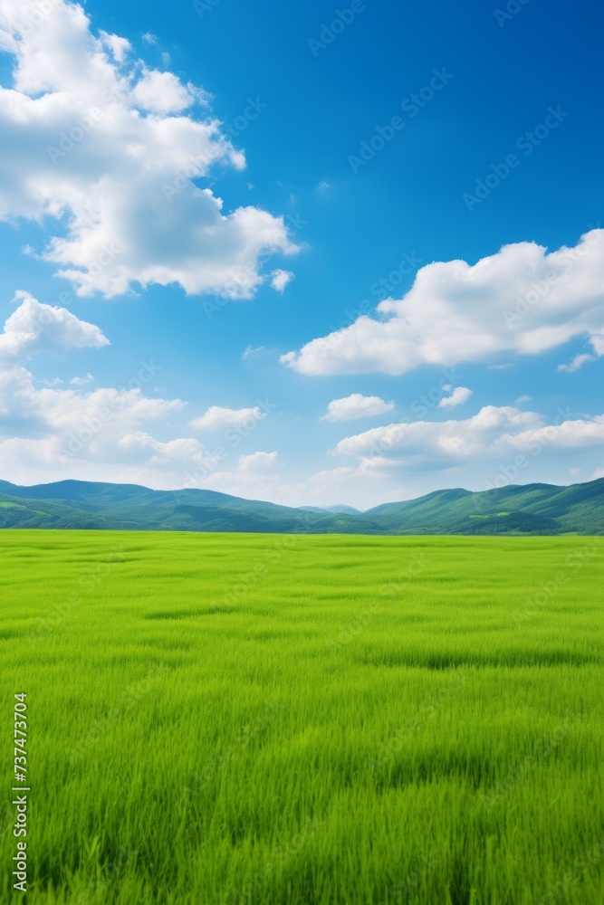Vast green grassy field under blue sky and white clouds Vast green grassy field under blue sky and white clouds