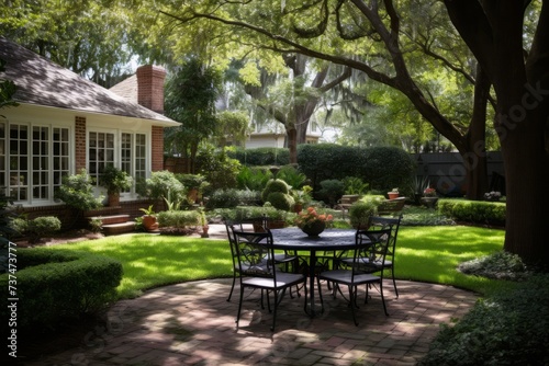 A beautiful garden with a table and chairs