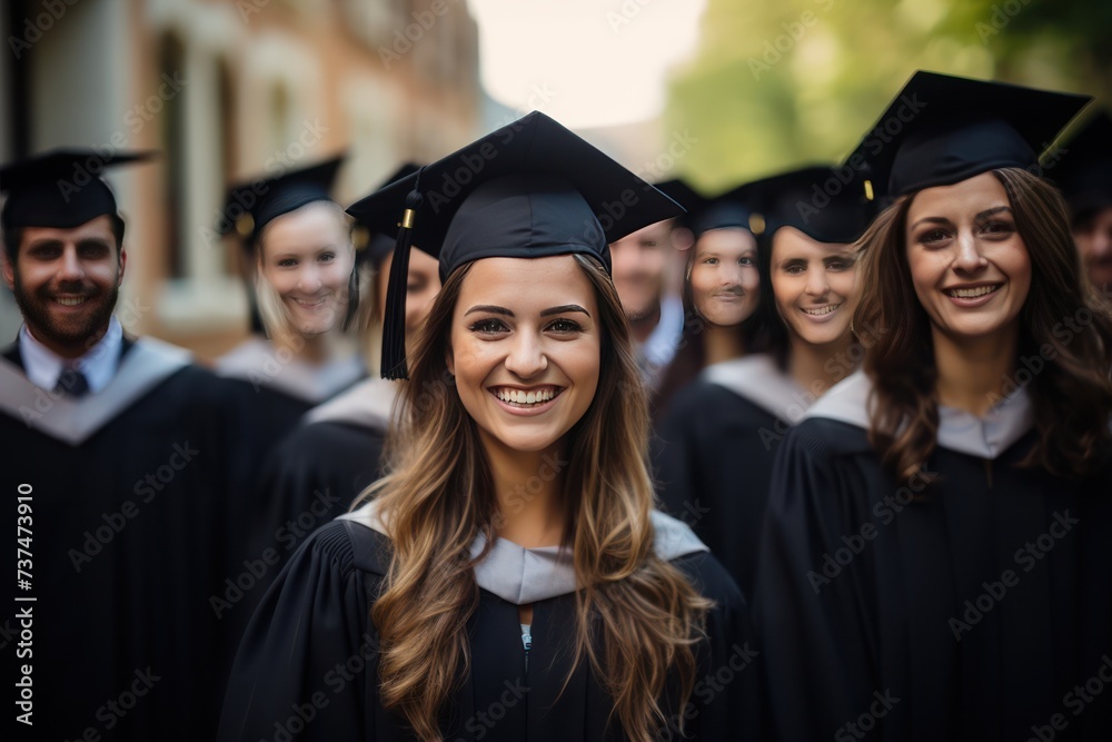 Group of happy multiethnic female graduates in mortarboards and gowns smiling and looking at camera outdoors. blurred class mates are behind