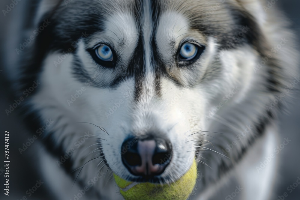 Obraz premium Intense Husky Gaze Holding Ball - The intense gaze of a Siberian Husky holding a tennis ball, captured in a close-up that highlights the dog's captivating eyes and playful nature.