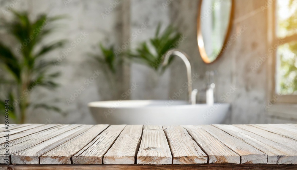 bleached wooden table for product display on defocused bathroom background - obrazy, fototapety, plakaty 