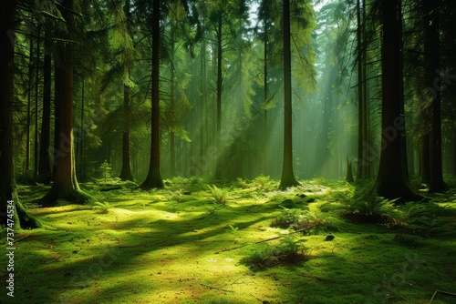 The sun shines through the green forest