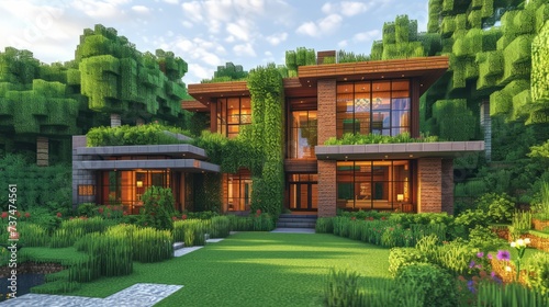 Modern glass house exterior with green roof and walls made of bricks and wood