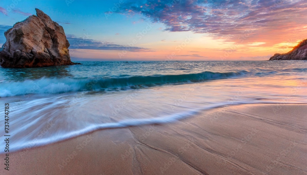 pink and blue ocean beach evening sunset wave soft ripples on sand rock formation is the distance