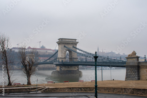 Iconic Szechenyi Chain Bridge in Budapest Hungary. Bridge on the Danube River between Buda and Pest photo