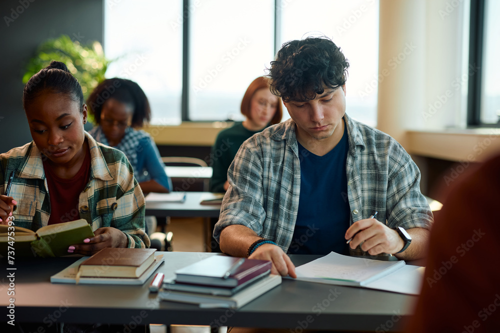 University students studying while attending at lecture in classroom. University students studying while attending at lecture in classroom.