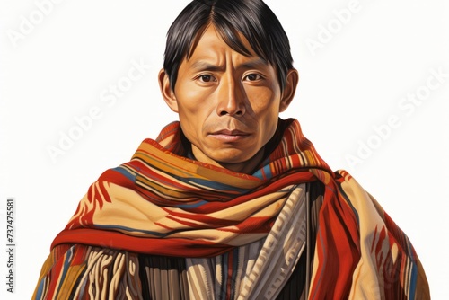 Portrait of a Native American man wearing a colorful traditional blanket photo