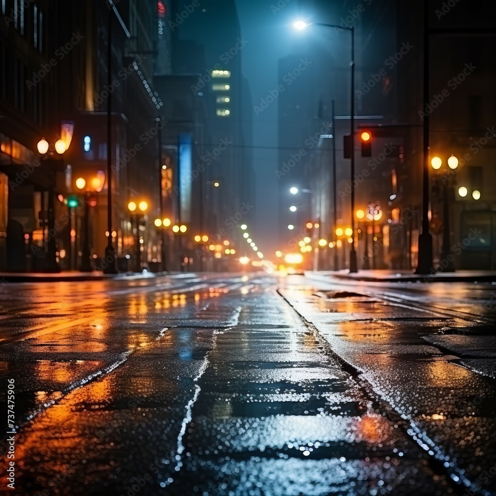 Rainy city street with skyscrapers at night
