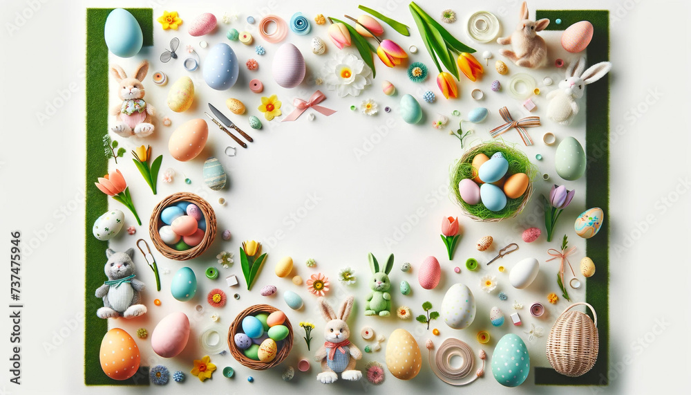 Rustic Easter Celebration with a Charming Display of Decorated Eggs and Bunnies