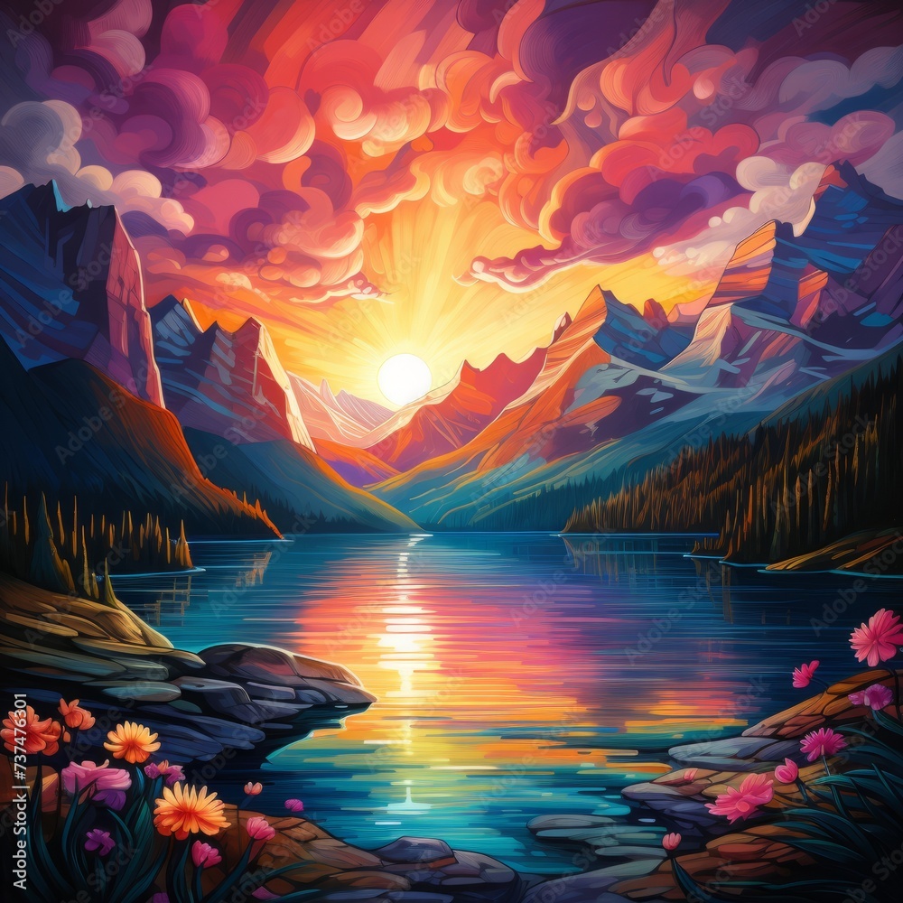 vibrant mountain sunset over calm lake surrounded by trees and flowers
