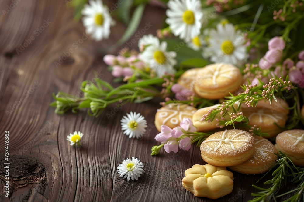 Easter Biscuits Arrangement on a Rustic Wooden Table with Fresh Spring Flowers