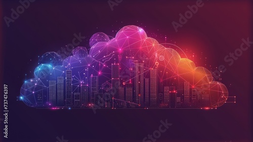 Smart city illustration with connected buildings and glowing cloud